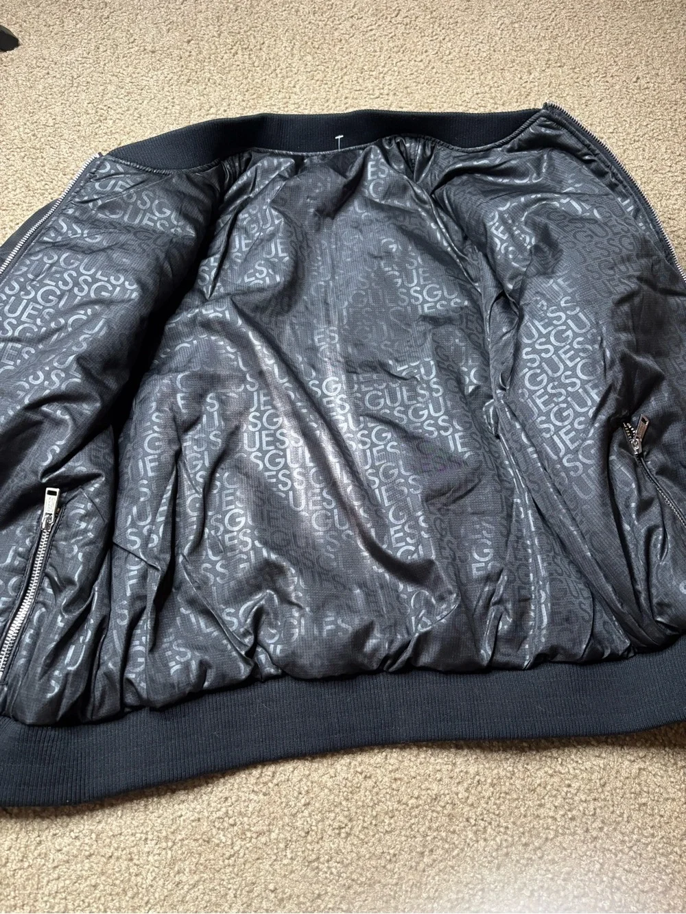 GUESS Men's Black Bomber Jacket with Silver Zippers